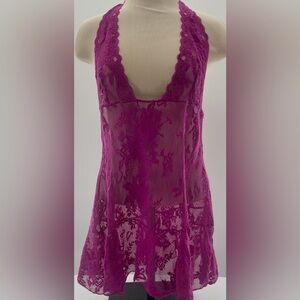 Victoria’s Secret Purple Lace Semi Sheer Mesh Halter Style Nighty Size Large Y2K